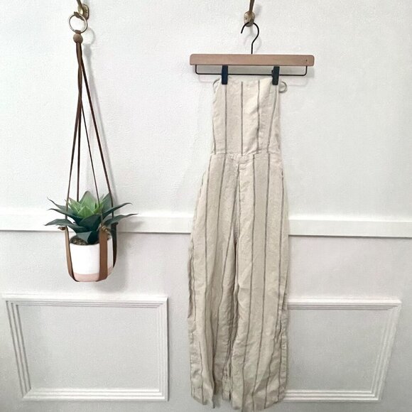 Reformation Jager Linen Natural Tan Black Stripe Jumpsuit Size 0 - Picture 3 of 8